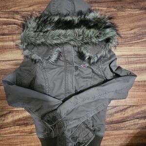 Hollister Taupe Bomber Jacket with Faux Fur Trim